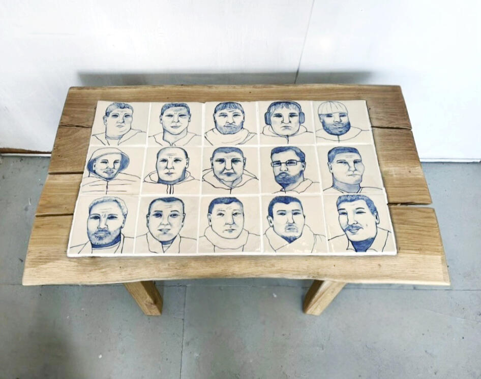 The Men of October Oak table with in-laid ceramic tile top 60 x 90 x 120 cm 2024