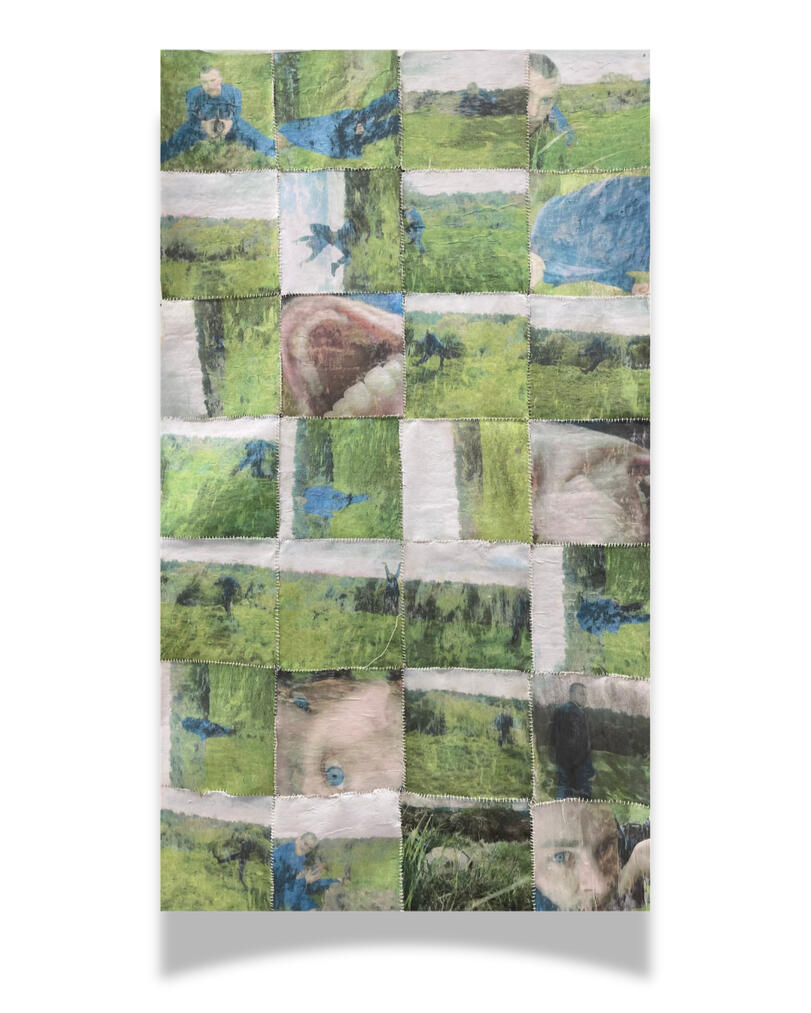 Untitled Hand-sewn patchwork tapestry, pigment transfer on canvas 64 x 112 cm 2025
